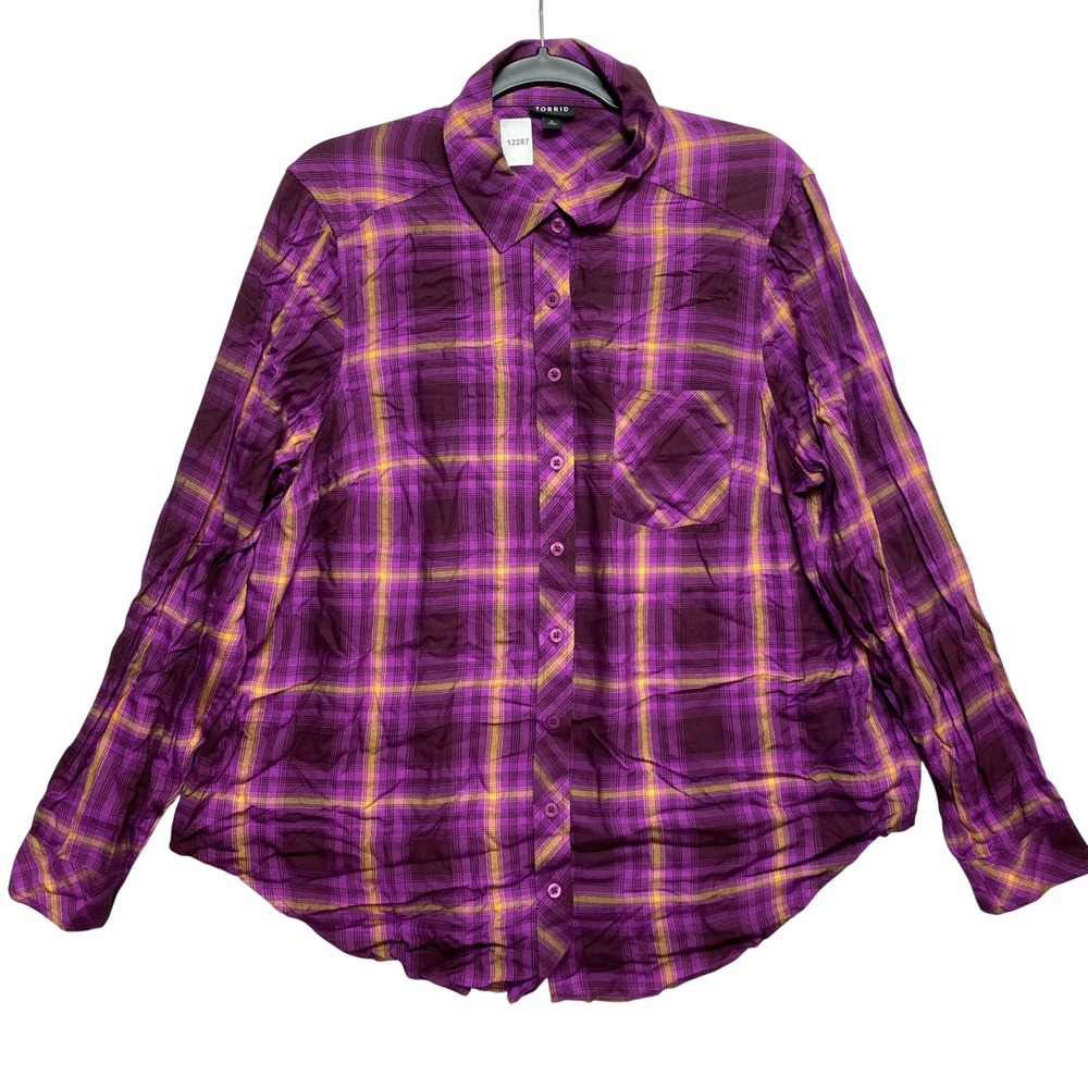 Torrid Shirt Womens 0 Purple Plaid Long Sleeve Pocket Relaxed Button UP